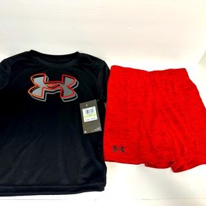 Under Armour boys shirt and short set, colors are red and black.